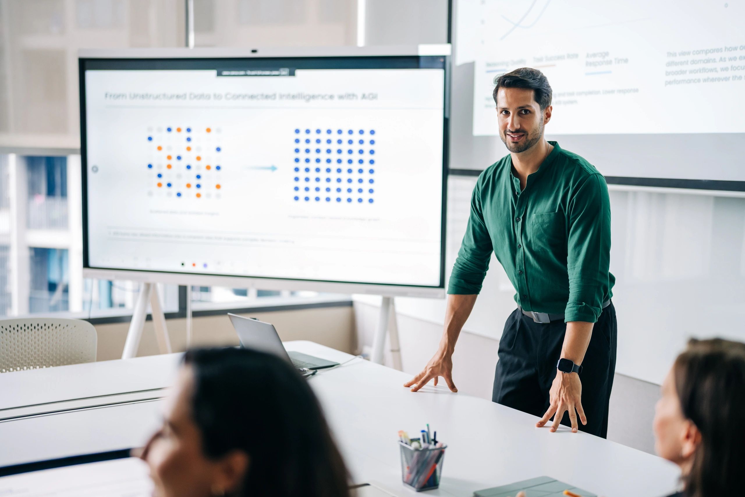 Business team reviewing AI performance metrics during a meeting